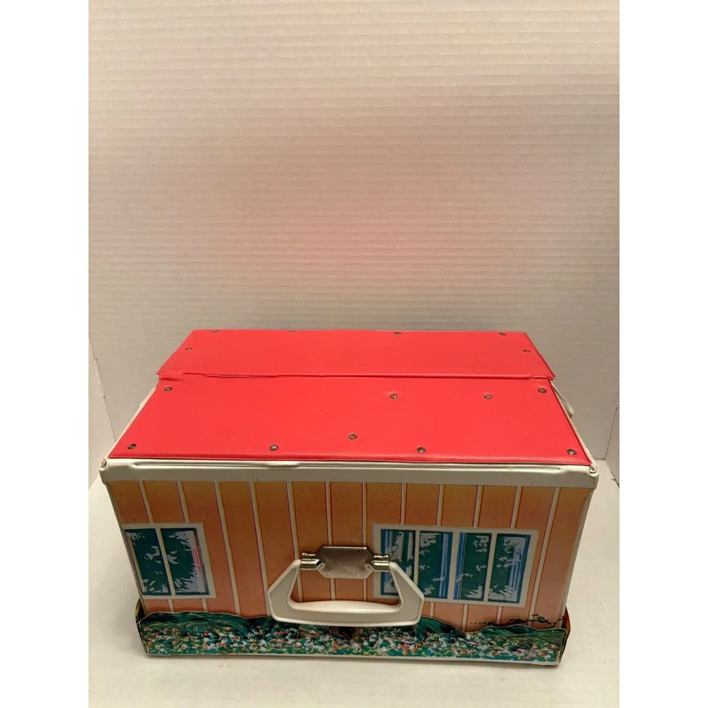 Vintage Ideal Toy Corp Vinyl Doll Case House Graphic Red Roof Blue Door